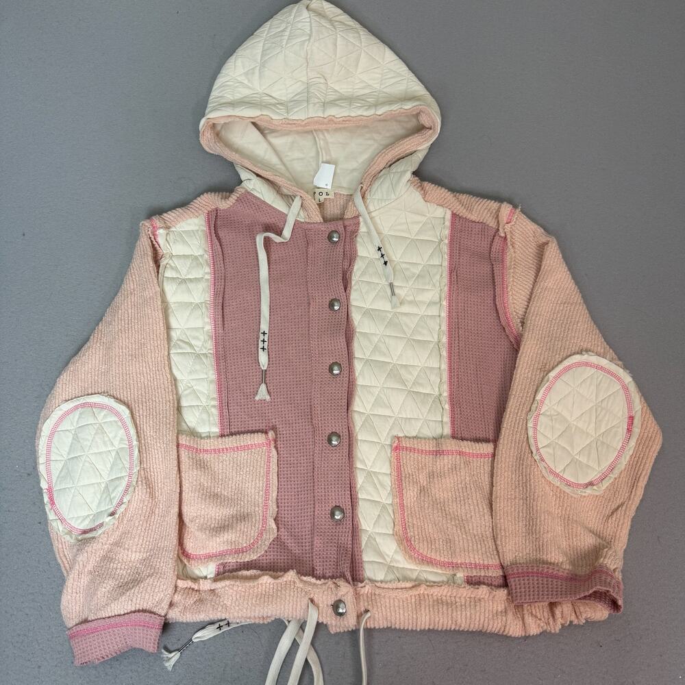 POL Womens Hooded Jacket Size L Pink Ivory Quilted Knit Snap Front Cottagecore